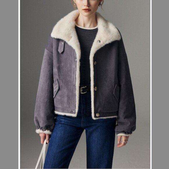 Two-in-One Gray Suede Reversible Short Coat - Picture 6 of 9